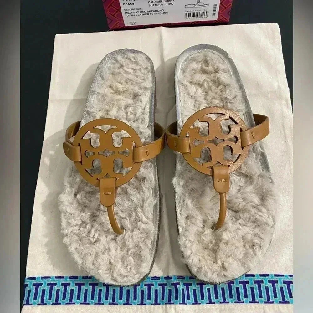 Tory Burch Miller Sandals Size 10.5 Leather Cloud Shearling Neutral Box Dust Bag - Picture 7 of 13